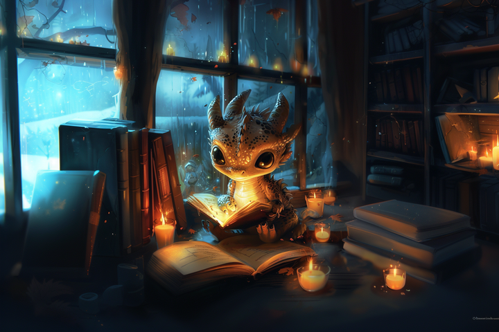 Dragon-like creature reading a book in a cozy, candlelit room with books and a fireplace.