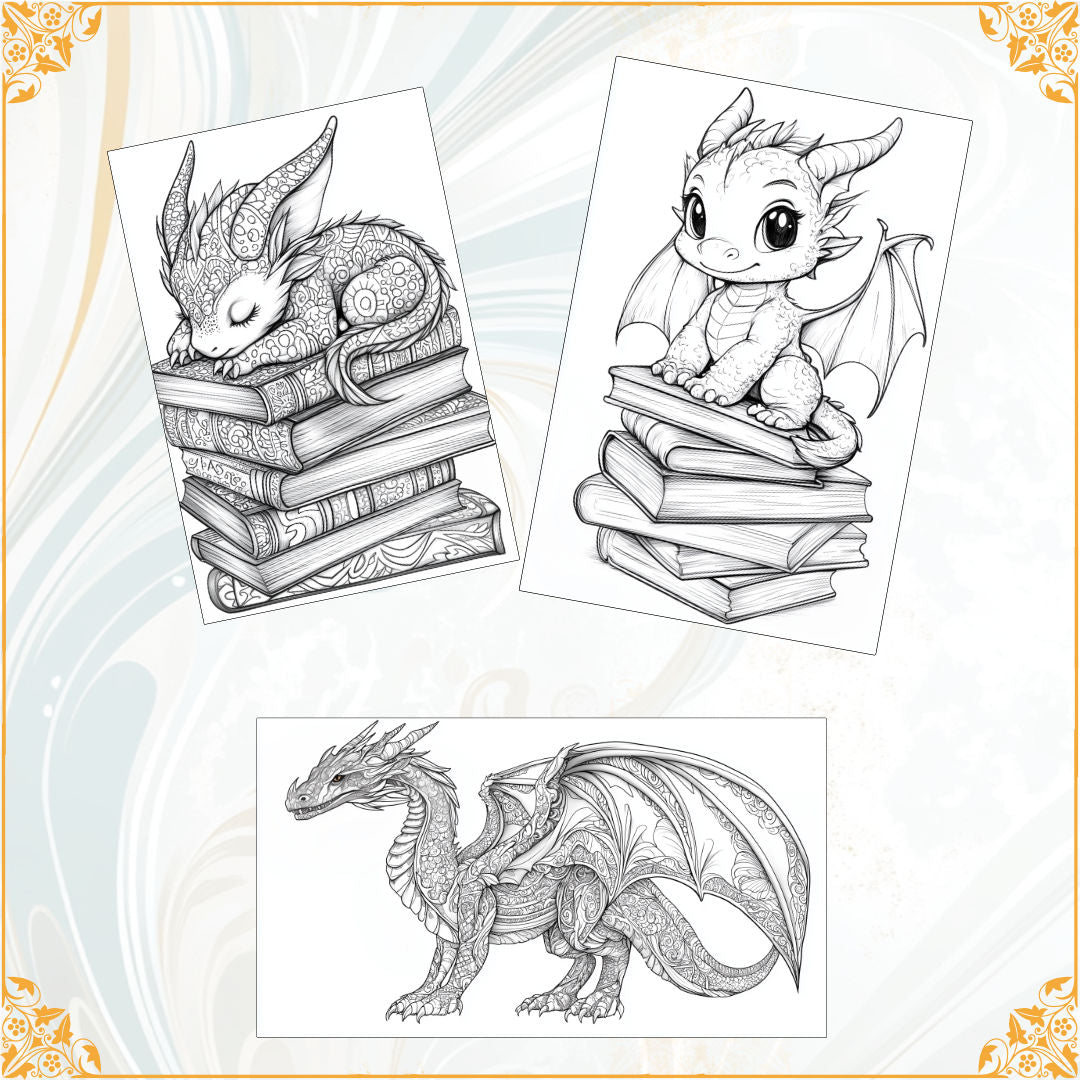 Set of 3 book dragon colouring pages