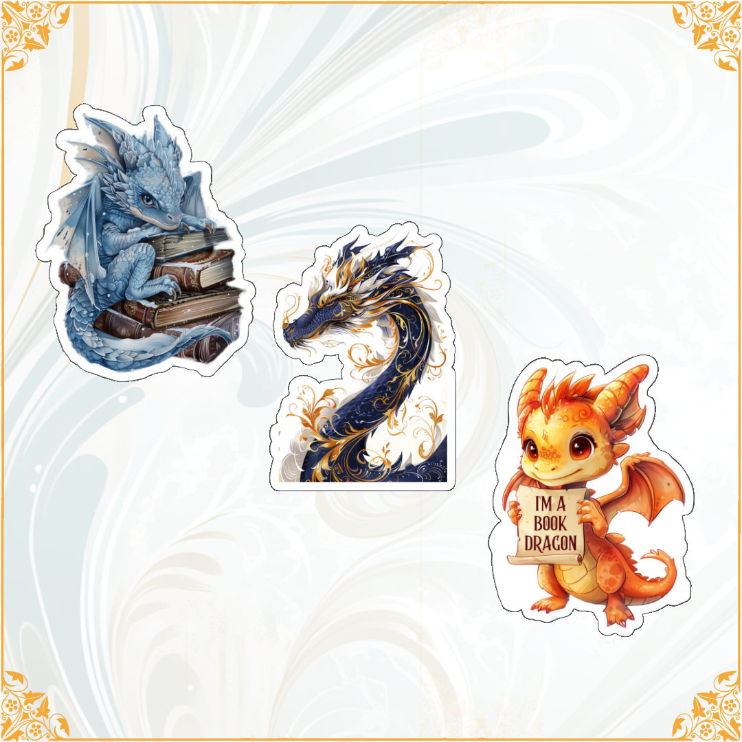 Set of 3 book dragon die-cut stickers