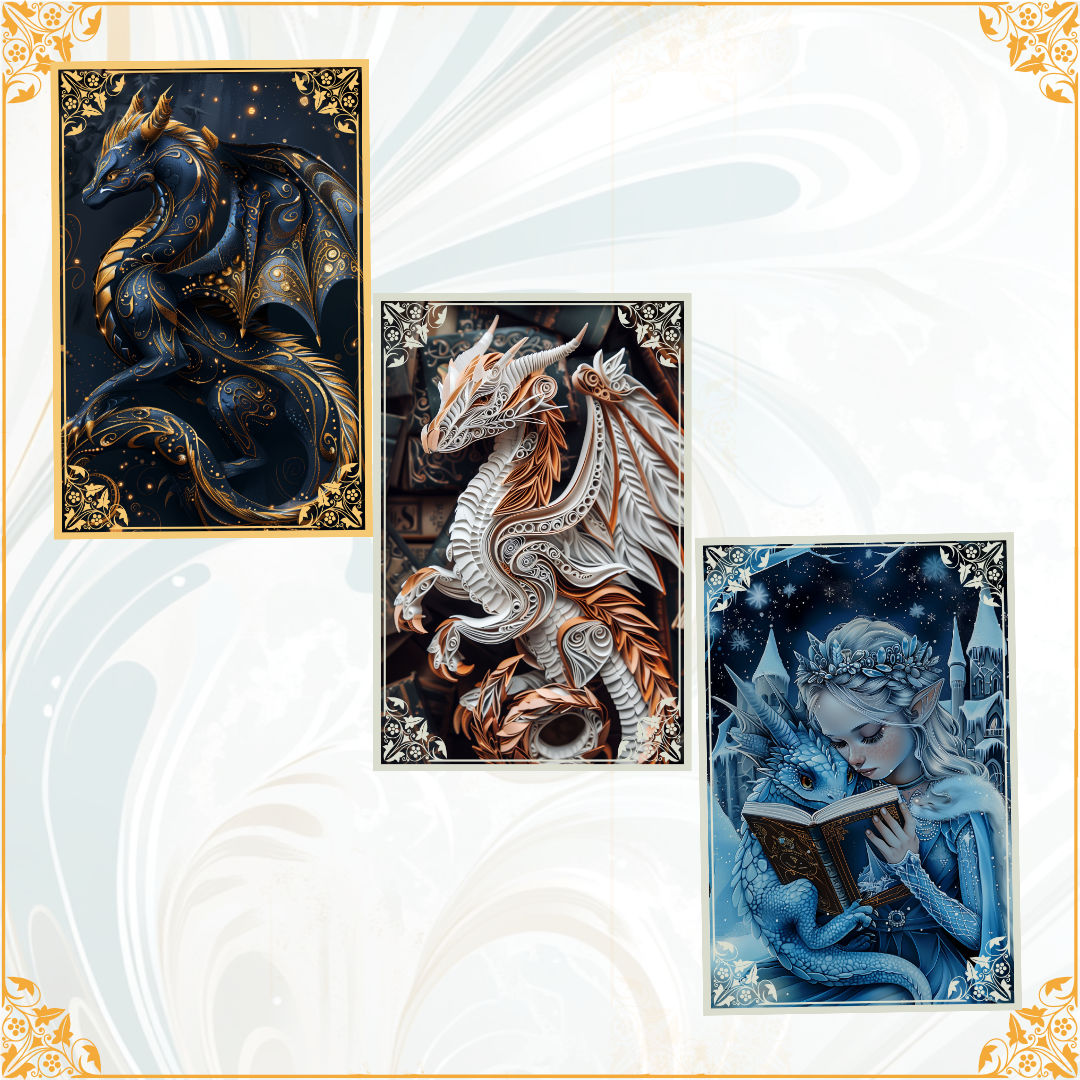 Set of 3 foiled book dragon art cards