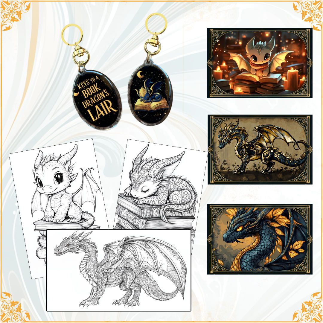 Dragon keychain, magnets & 3 colouring pages