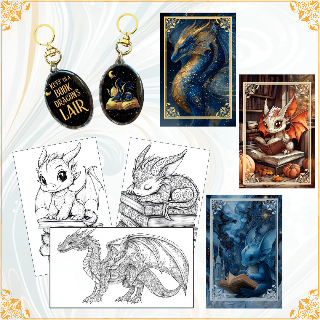 Dragon keychain, magnets & 3 colouring pages