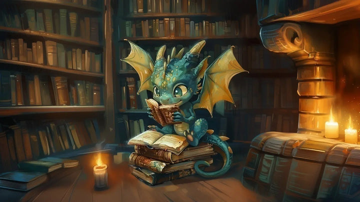 Dragon reading a book in a cozy library setting with candles and books.