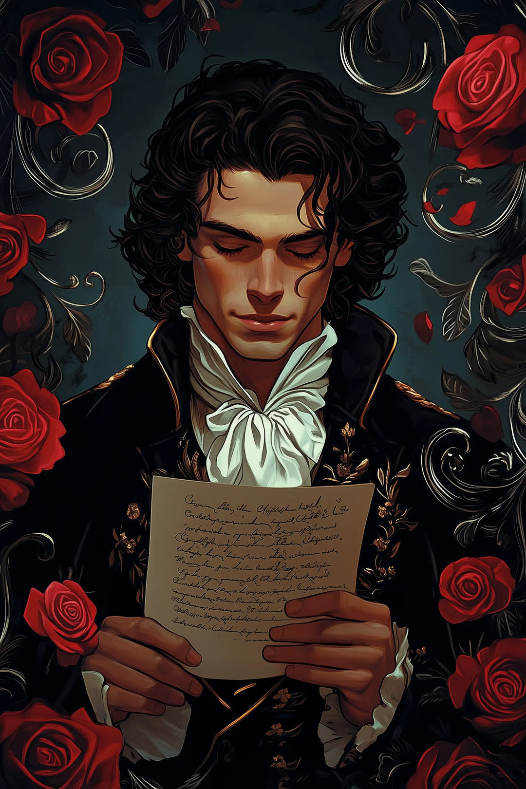 Music & Mirrors. Phantom of the Opera Retelling. Eric holding a letter with red roses and decorative elements in the background