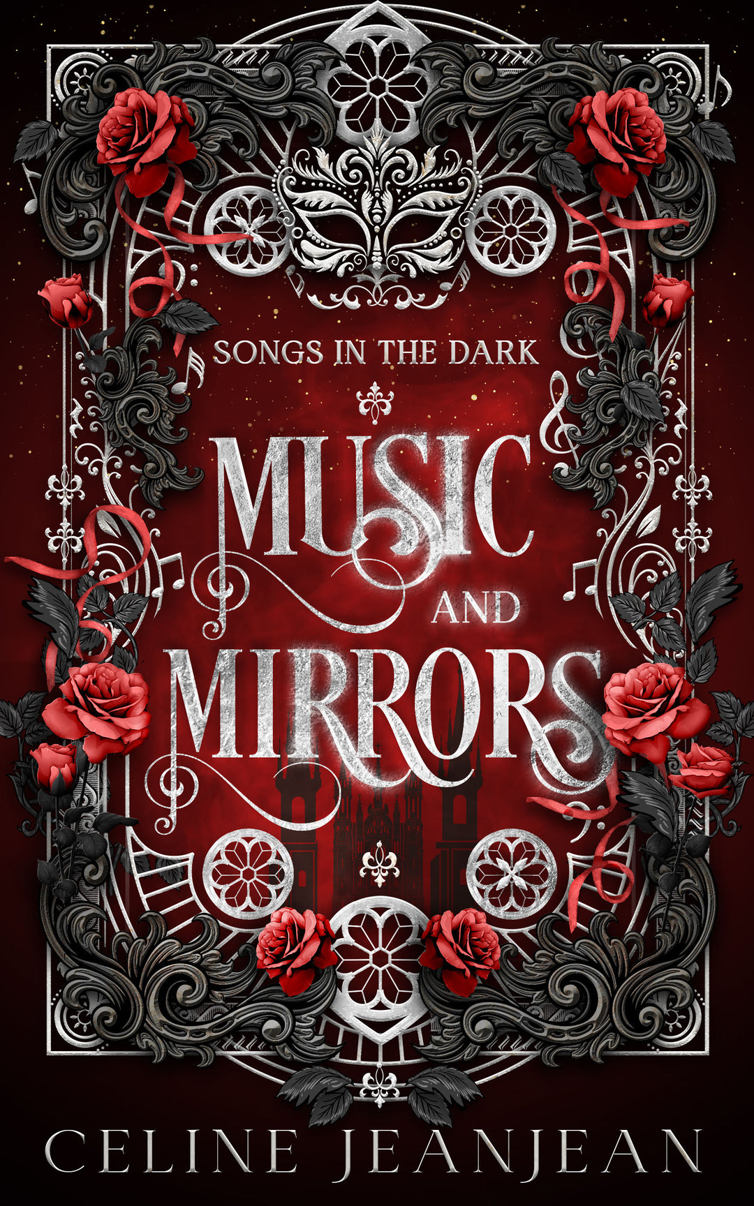 Book cover of 'Music and Mirrors' by Celine Jeanjean with decorative elements and text.