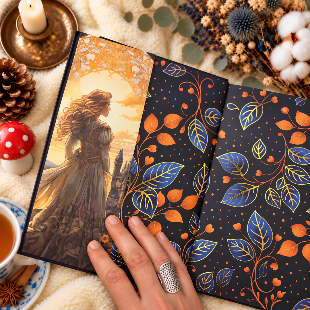 A hand with silver rings holds an open hardcover with foiled end-papers and a dust jacket flap. styled with a candle, pinecone, dried flowers, and a mushroom on a soft cream blanket. cozy, warm, inviting, fairytale