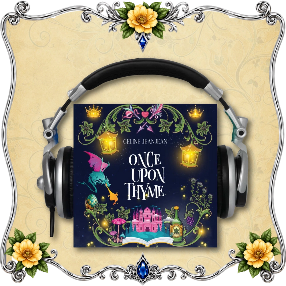 A pair of black and silver over-ear headphones displayed over a colorful book cover titled 'Once Upon Thyme' by Celine Jeanne, set against a decorative beige frame with floral corner accents.