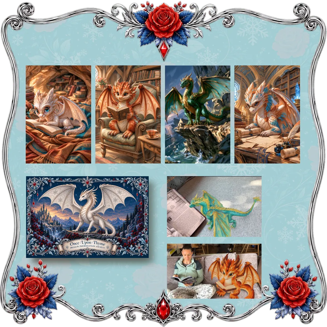 A collage-style product presentation featuring multiple fantasy dragon illustrations and artwork panels, including a large framed-style preview at bottom left, a small dragon drawing, and a person sitting with an orange dragon. The layout is decorated with ornate silver scrollwork, red roses, blue leaves, and a red jewel on a pale blue background.