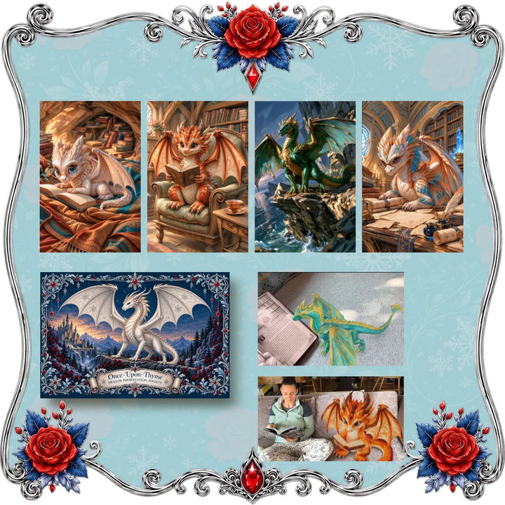 A collage-style product presentation featuring multiple fantasy dragon illustrations and artwork panels, including a large framed-style preview at bottom left, a small dragon drawing, and a person sitting with an orange dragon. The layout is decorated with ornate silver scrollwork, red roses, blue leaves, and a red jewel on a pale blue background.