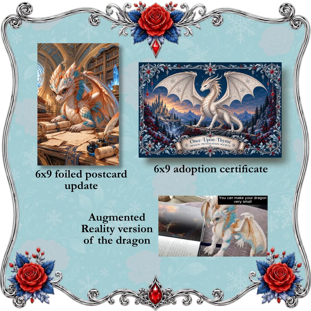 Once-Upon-Thyme Series collage for a dragon-themed product set on a light blue decorative background with floral corner accents. It shows a 6x9 foiled postcard update with an adult dragon wearing glasses reading scrolls, a 6x9 adoption certificate with a white dragon over a snowy landscape and the text &