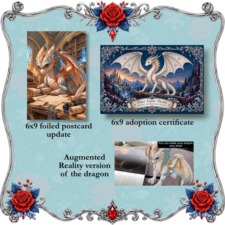 Once-Upon-Thyme Series collage for a dragon-themed product set on a light blue decorative background with floral corner accents. It shows a 6x9 foiled postcard update with an adult dragon wearing glasses reading scrolls, a 6x9 adoption certificate with a white dragon over a snowy landscape and the text &
