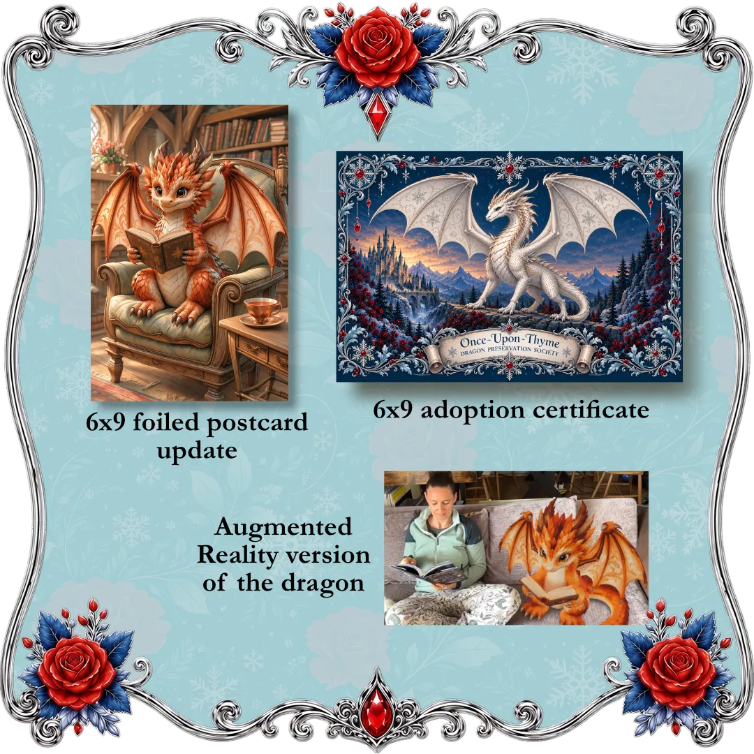 Once-Upon-Thyme Series collage for a dragon-themed product set on a light blue decorative background with floral corner accents. It shows a 6x9 foiled postcard update with an orange dragon sitting in a chair, a 6x9 adoption certificate with a white dragon over a snowy landscape and the text &