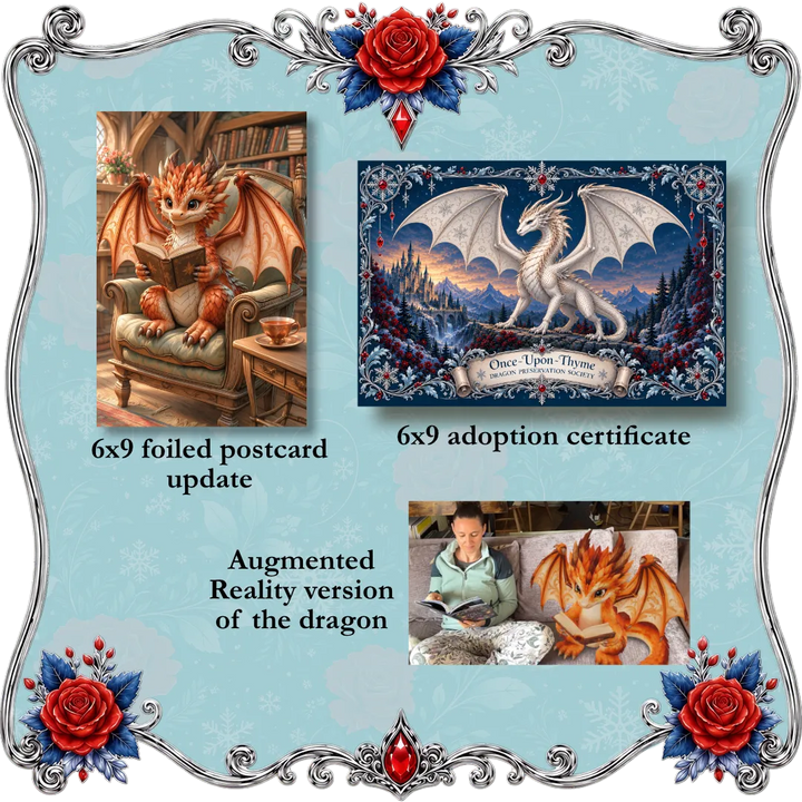 Once-Upon-Thyme Series collage for a dragon-themed product set on a light blue decorative background with floral corner accents. It shows a 6x9 foiled postcard update with an orange dragon sitting in a chair, a 6x9 adoption certificate with a white dragon over a snowy landscape and the text &