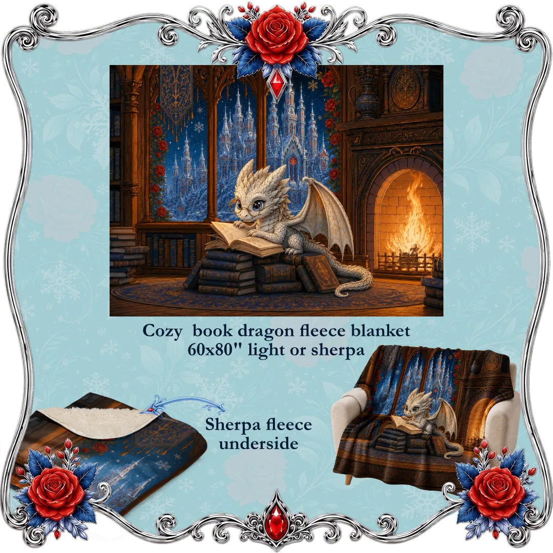 Cozy book dragon fleece blanket shown in a decorative promotional layout. The central product photo shows a small dragon curled up reading a book in a cozy room with a fireplace and blue curtains.