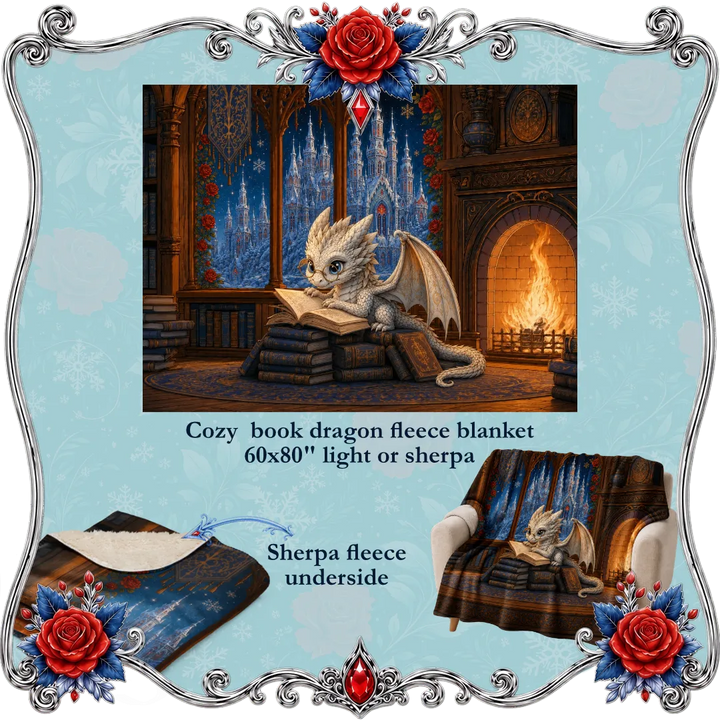 Cozy book dragon fleece blanket shown in a decorative promotional layout. The central product photo shows a small dragon curled up reading a book in a cozy room with a fireplace and blue curtains.