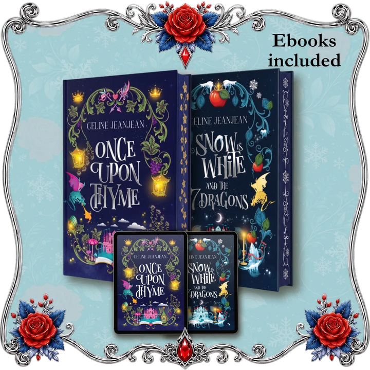 A promotional graphic showing three Celine Jeanjean book covers and an e-reader mockup for the Once Upon a Time theme bundle: Once Upon a Rhyme, Snow White and the Seven Dragons, and a smaller edition. The books are dark blue with colorful fantasy illustrations, and the text &