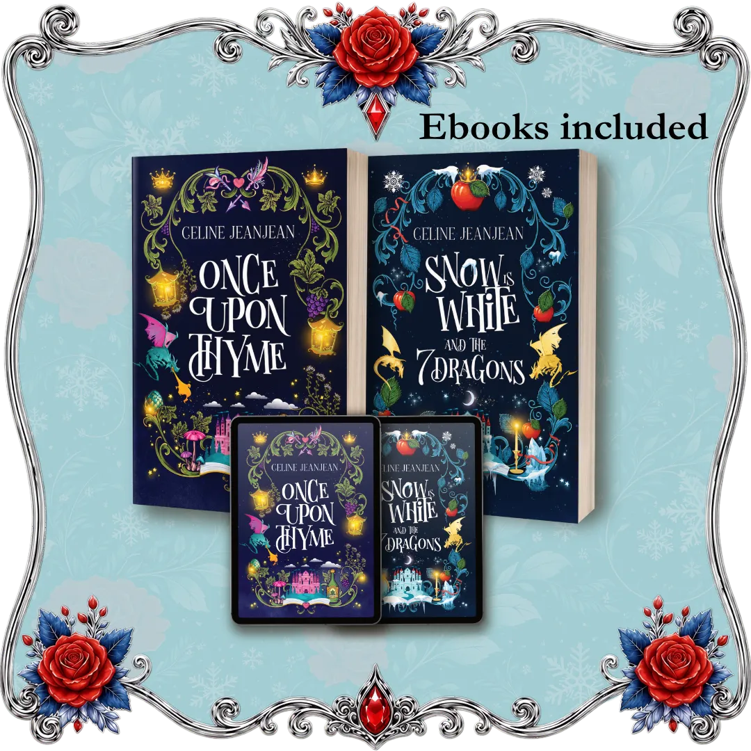 A promotional graphic showing three Celine Jeanane fantasy book covers arranged on a light blue floral background with an ornate silver frame and red roses. The covers include &