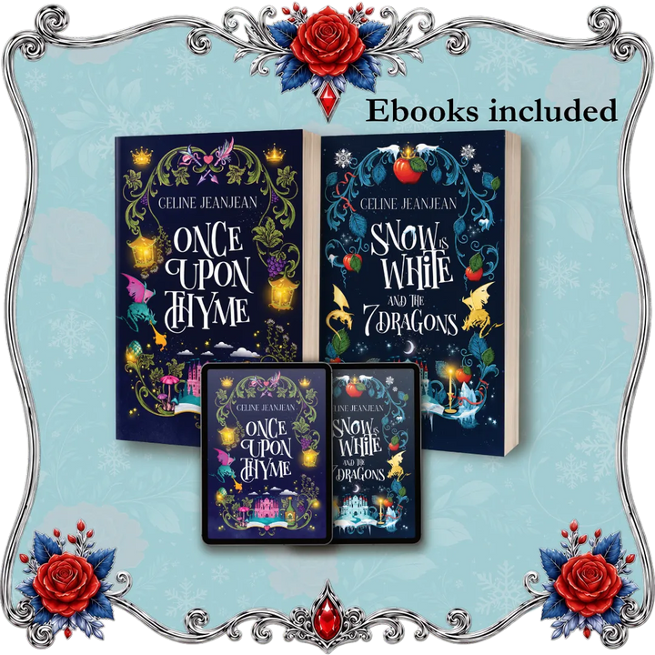 A promotional graphic showing three Celine Jeanane fantasy book covers arranged on a light blue floral background with an ornate silver frame and red roses. The covers include &