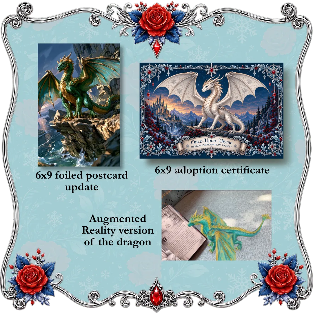 Once-Upon-Thyme Series collage for a dragon-themed product set on a light blue decorative background with floral corner accents. It shows a 6x9 foiled postcard update with a majestic green dragon standing on a mountain cliff, a 6x9 adoption certificate with a white dragon over a snowy landscape and the text &