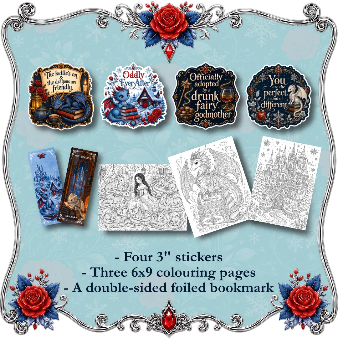 A product listing graphic for a Wicked Queen themed coloring and sticker set, featuring four decorative stickers, three 6x9 inch coloring pages, and a double-sided foiled bookmark on a light blue background with a silver frame and red rose accents.