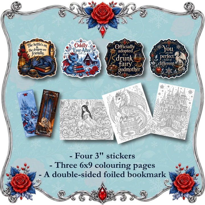 A product listing graphic for a Wicked Queen themed coloring and sticker set, featuring four decorative stickers, three 6x9 inch coloring pages, and a double-sided foiled bookmark on a light blue background with a silver frame and red rose accents.
