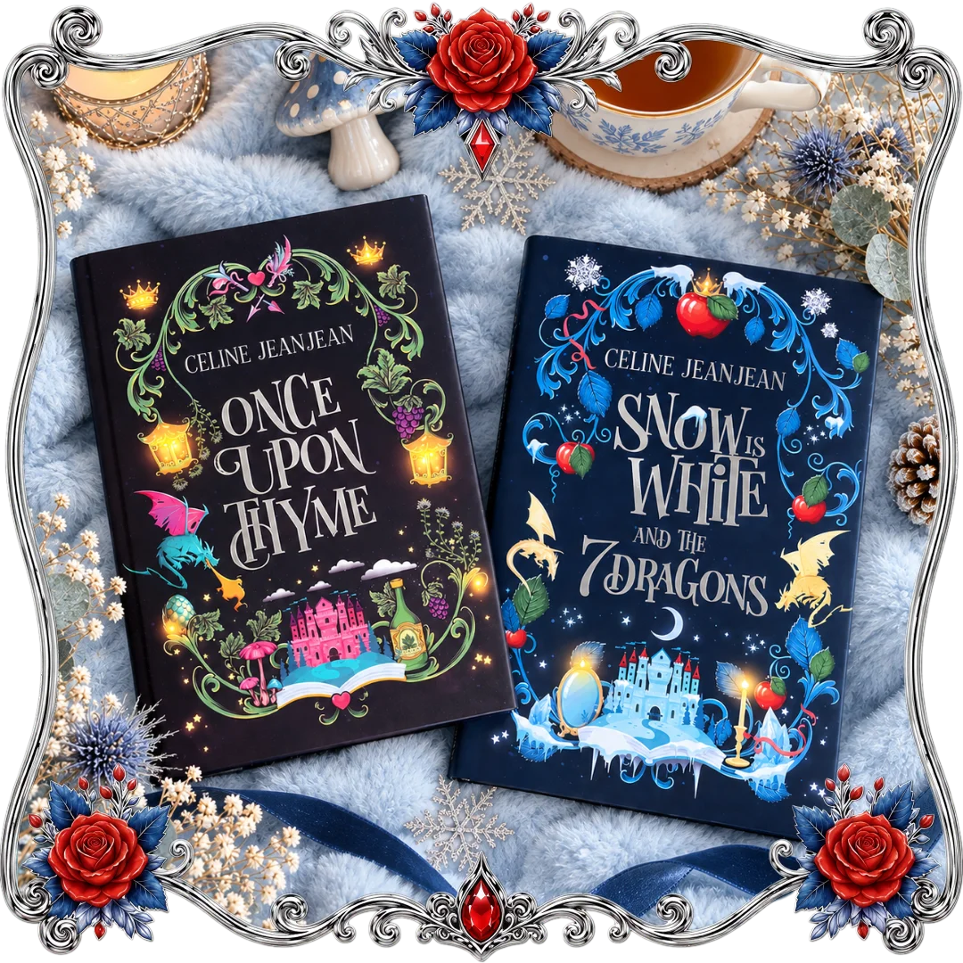Two illustrated book covers by Celine Jeanjean are displayed on a soft blue fabric background with decorative floral and vintage props. The left cover reads "Once Upon a Time" and is black with multicolored fantasy artwork; the right cover reads "Snow is White and the 7 Dragons" and is dark blue with similar colorful artwork.