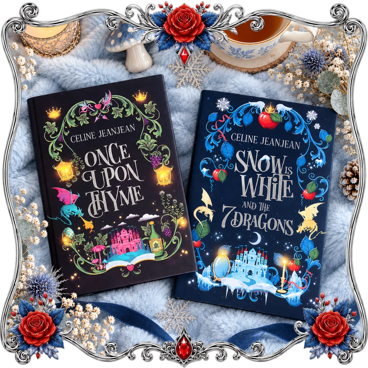 Two illustrated book covers by Celine Jeanjean are displayed on a soft blue fabric background with decorative floral and vintage props. The left cover reads "Once Upon a Time" and is black with multicolored fantasy artwork; the right cover reads "Snow is White and the 7 Dragons" and is dark blue with similar colorful artwork.