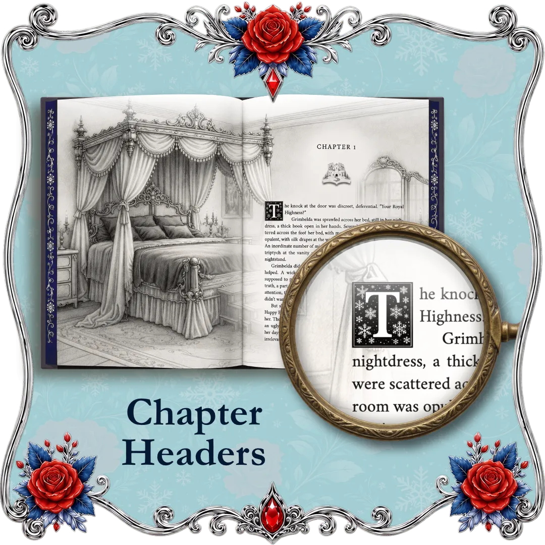 A decorative graphic showing an open vintage-style book with a black-and-white illustration of a bed and chapter text, plus a magnifying glass over a lettrine. The image includes ornate silver framing, red roses, blue leaves, and the words &