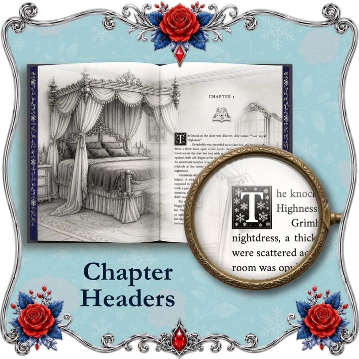 A decorative graphic showing an open vintage-style book with a black-and-white illustration of a bed and chapter text, plus a magnifying glass over a lettrine. The image includes ornate silver framing, red roses, blue leaves, and the words &