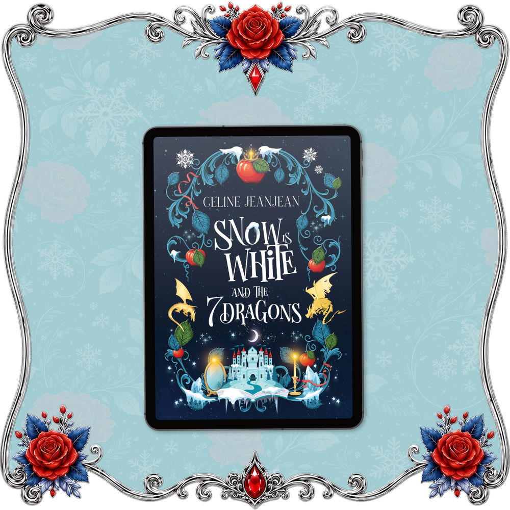 A framed digital book cover for 'Snow White and the Seven Dragons' by Celine Jeanjean, displayed on a decorative light blue background with ornate silver scrollwork and red roses.