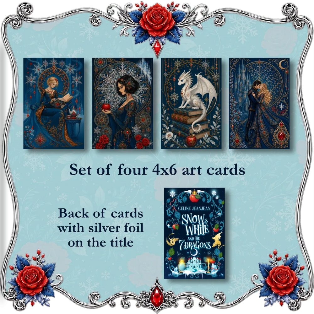 Promotional graphic for a set of four 4x6 art cards. The top row shows the front of four illustrated cards with fantasy artwork in dark blue tones: a seated figure, a woman with red apples, a white dragon on books, and a romantic couple under a crescent moon.