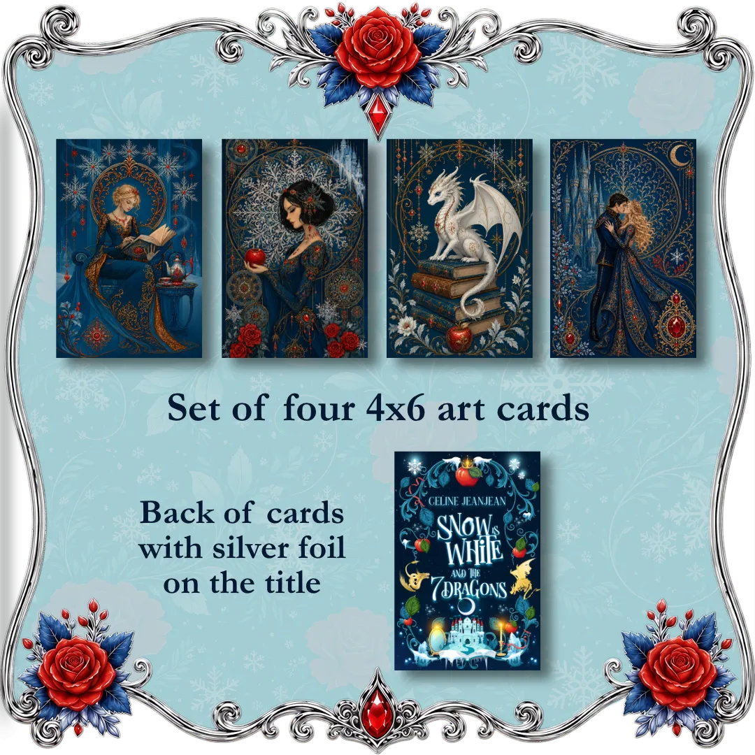 Promotional graphic for a set of four 4x6 art cards. The top row shows the front of four illustrated cards with fantasy artwork in dark blue tones: a seated figure, a woman with red apples, a white dragon on books, and a romantic couple under a crescent moon.