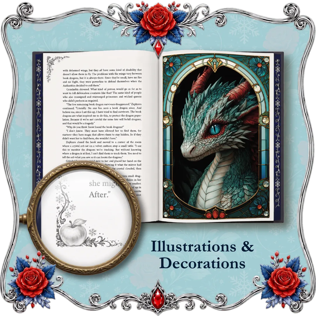 A decorative book illustration set with an open book showing printed text on one page and a stained-glass-style dragon portrait on the other, surrounded by ornate silver framing, red roses, blue leaves, and the text &