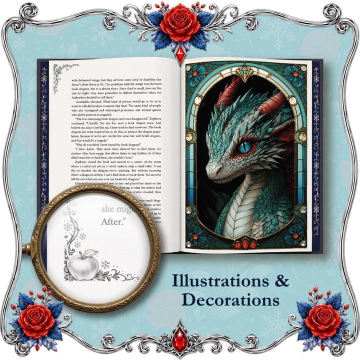A decorative book illustration set with an open book showing printed text on one page and a stained-glass-style dragon portrait on the other, surrounded by ornate silver framing, red roses, blue leaves, and the text &