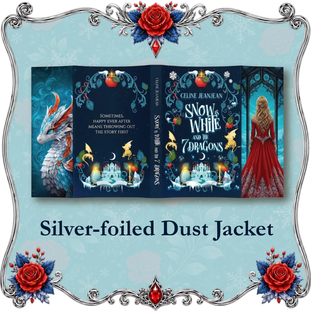 Snow Is White and the 7 Dragons silver-foiled dust jacket mockup by Celine Jeanjean, on a light blue ornate frame background.