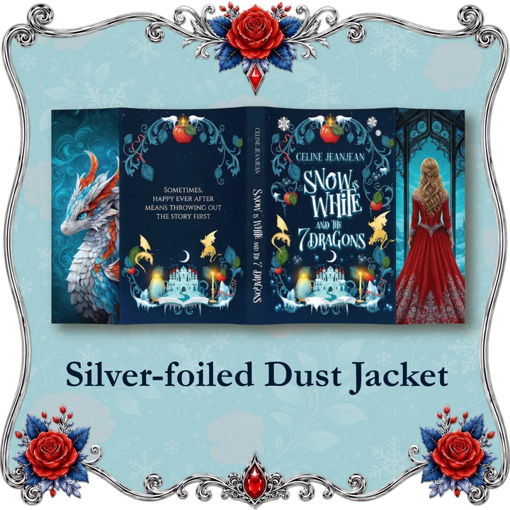 Snow Is White and the 7 Dragons silver-foiled dust jacket mockup by Celine Jeanjean, on a light blue ornate frame background.