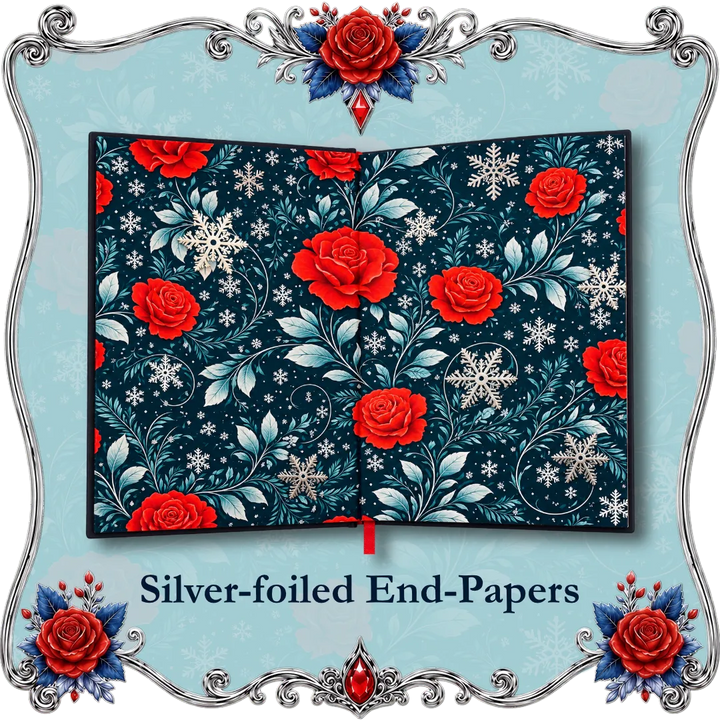 Snow Is White and the 7 Dragons end-papers featuring a dark navy background with red roses, silver snowflakes, and silver swirling floral motifs. The cover is centered within an ornate light blue decorative frame with silver filigree and red rose corner accents.