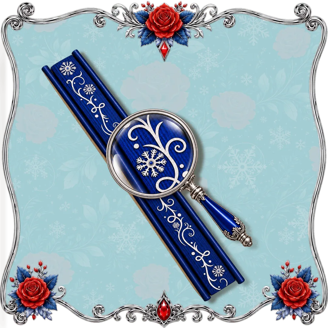 A close-up with a magnifying glass on the silver sprayed edges of Snow Is White and the 7 Dragons Special Edition Hardcover, featuring white snowflake and floral scrollwork, set against a light blue background with snowflakes and framed by an ornate silver border with red roses.