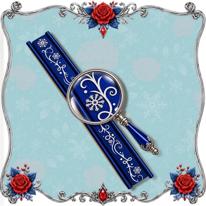 A close-up with a magnifying glass on the silver sprayed edges of Snow Is White and the 7 Dragons Special Edition Hardcover, featuring white snowflake and floral scrollwork, set against a light blue background with snowflakes and framed by an ornate silver border with red roses.