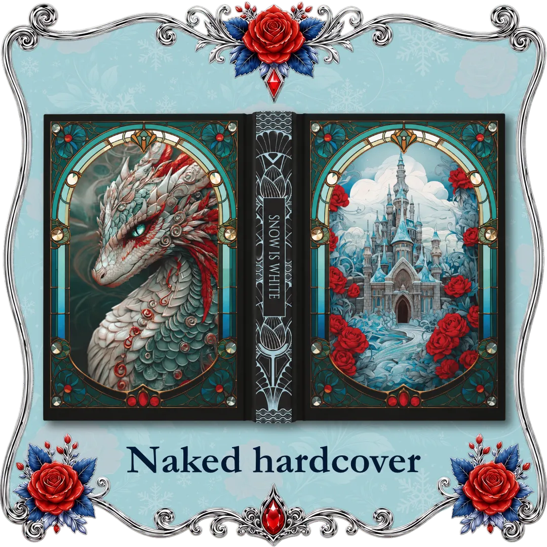 A decorative product mockup showing Snow Is White and the 7 Dragons Special Edition Hardcover case laminate with fantasy artwork: a white dragon on the left panel, a snowy castle on the right panel, and red roses with blue leaves around the edges. The text &