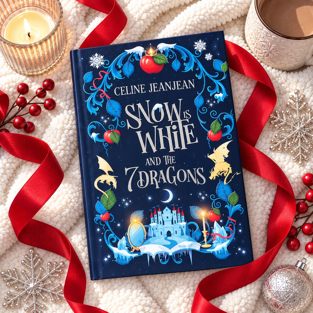 The book 'Snow is White and the 7 Dragons' by Celine Jeanjean is displayed in a cozy flat-lay setting on a white textured blanket, surrounded by red ribbons, a lit candle, a mug, and silver snowflake ornaments.