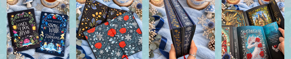 A collage of five panels displaying the once upon thyme and snow is white and the 7 dragons special editions, with dark blue covers, gold borders, and illustrated winter scenes including snow, red berries, and characters. A hand is visible holding one of the books in the rightmost panel. 