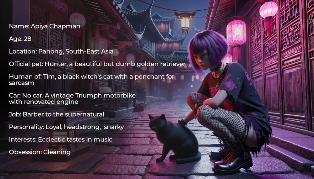 Character card for 'Touched by Magic', an Asian Urban Fantasy novel by Celine Jeanjean, featuring Apiya Chapman with her black cat Tim against a mystical street backdrop of Panong, embodying the vibrant and supernatural essence of the story